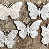Handmade wooden DIY butterfly cutout in five unique styles, ready to paint or decorate