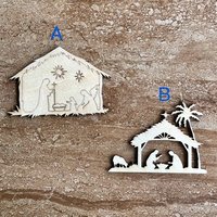 Handmade wooden DIY Nativity scene cutout in two unique styles, ready for paint or decorating