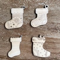Handmade wooden DIY Christmas stocking cutout in four unique styles, ready for paint or decorating