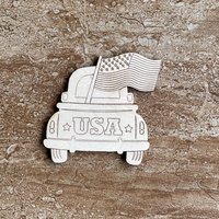 Handmade wooden DIY vintage truck with American flag cutout ready for paint or decorating