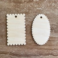 Handmade wooden DIY gift tag cutout in two unique styles, ready for paint or decorating