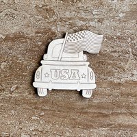 Handmade wooden DIY vintage truck with American flag cutout ready for paint or decorating