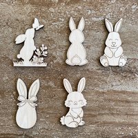 Handmade wooden DIY Easter bunny cutout in five unique styles, ready for paint or decorating