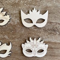 Handmade wooden DIY mardi gras mask cutout in four unique styles, ready for paint or decorating