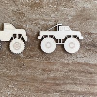 Handmade wooden DIY monster truck cutout in two unique styles, ready to paint or decorate