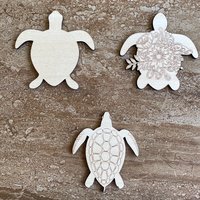 Handmade wooden DIY turtle cutout in three unique styles, ready for paint or decorating