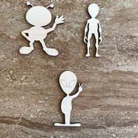 Handmade wooden DIY alien cutout in three unique styles, ready to paint or decorate