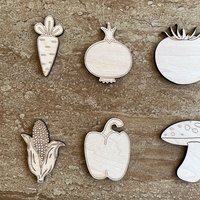 Handmade wooden DIY vegetable cutout in six unique styles, ready for paint or decorating