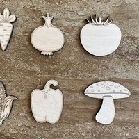 Handmade wooden DIY vegetable cutout in six unique styles, ready for paint or decorating