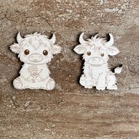 Handmade wooden DIY Highland cow cutout in two unique styles, ready to paint or decorate