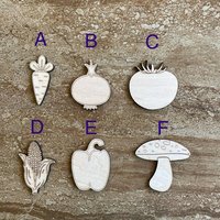 Handmade wooden DIY vegetable cutout in six unique styles, ready for paint or decorating