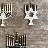 Handmade wooden DIY menorah cutout in three unique styles, ready for paint or decorating