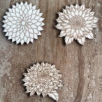 Handmade wooden DIY dahlia cutout in three unique styles, ready for paint or decorating
