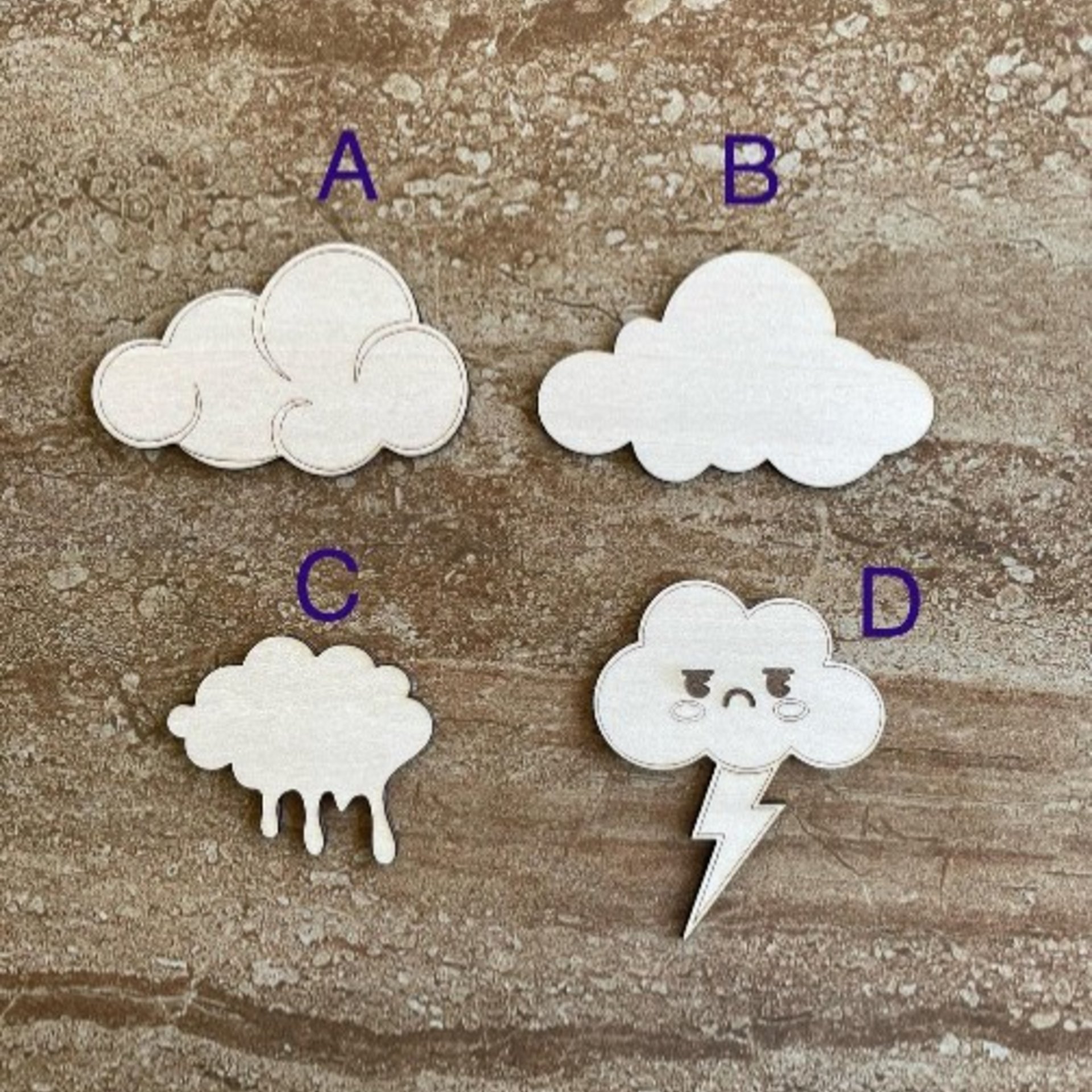 Handmade wooden DIY cloud cutout in four unique styles, ready for paint or decorating