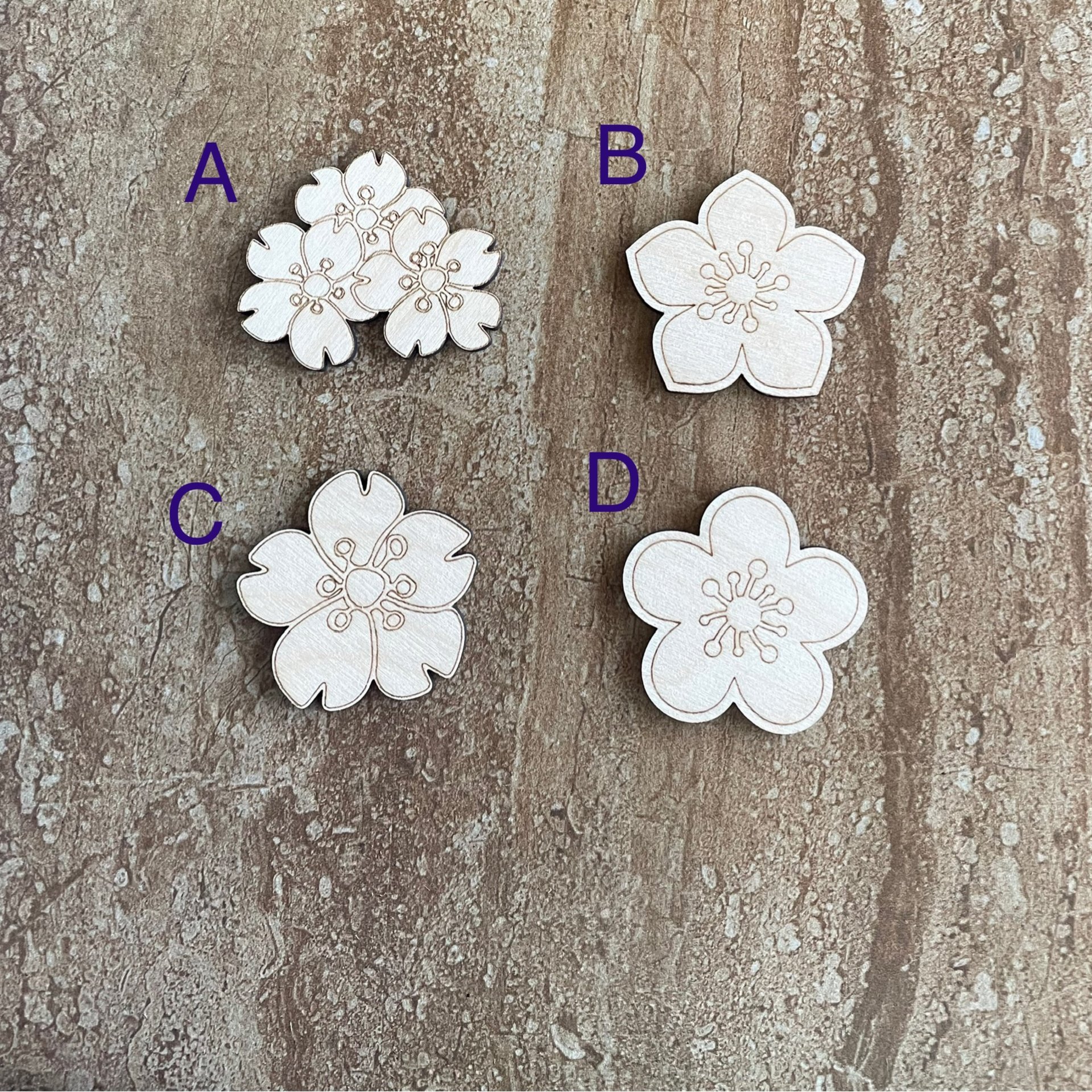 Handmade wood cherry blossom cutout, DIY craft shape, available in 4 unique styles