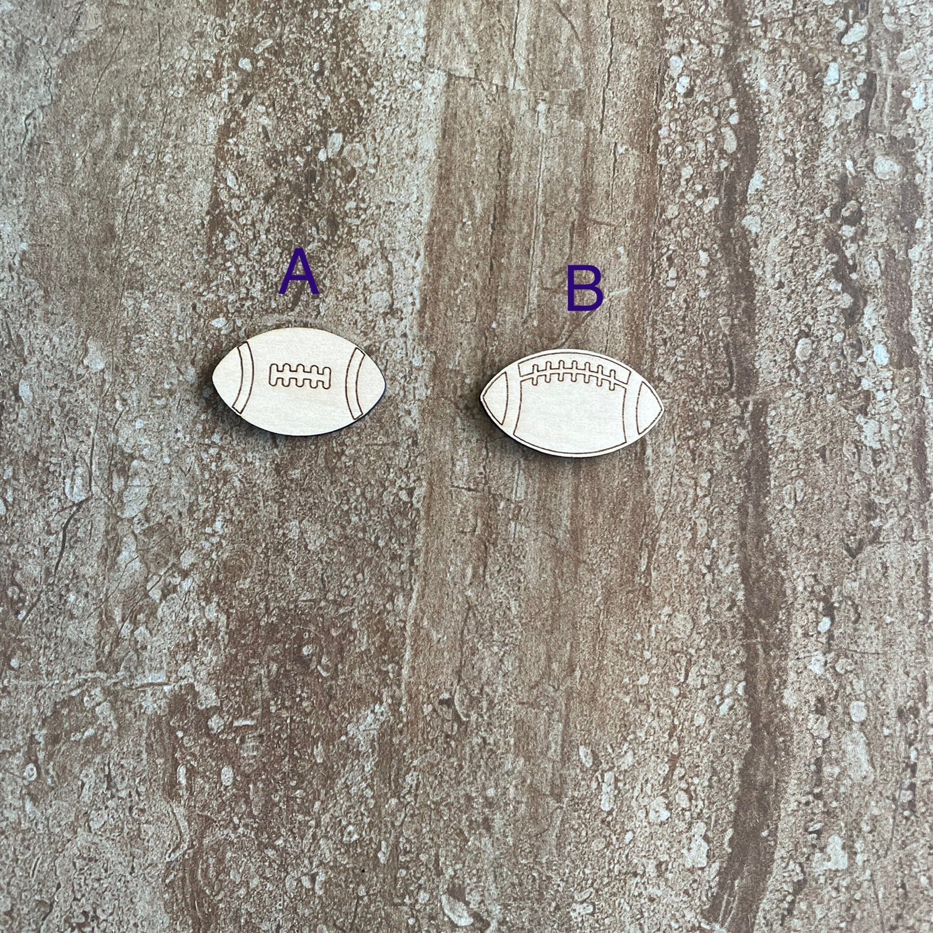 Handmade wood football cutouts in two DIY styles, ready for painting or crafting