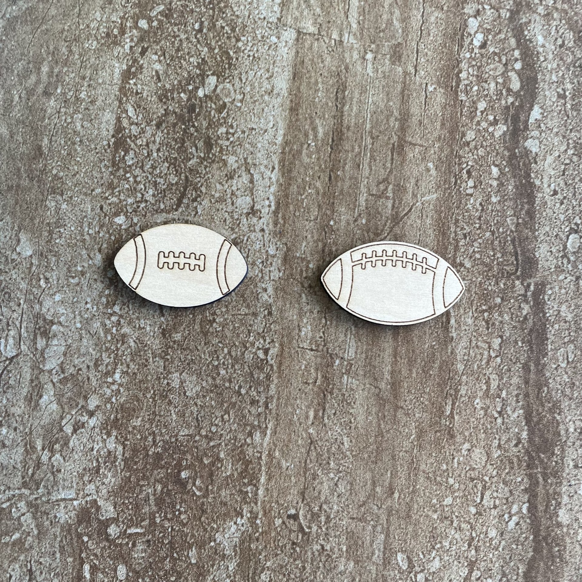 Handmade wood football cutouts in two DIY styles, ready for painting or crafting