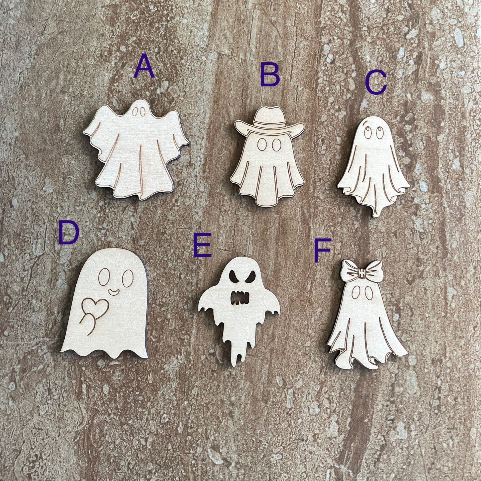 Handmade wood DIY ghost cutout available in 6 different styles for painting and crafting projects