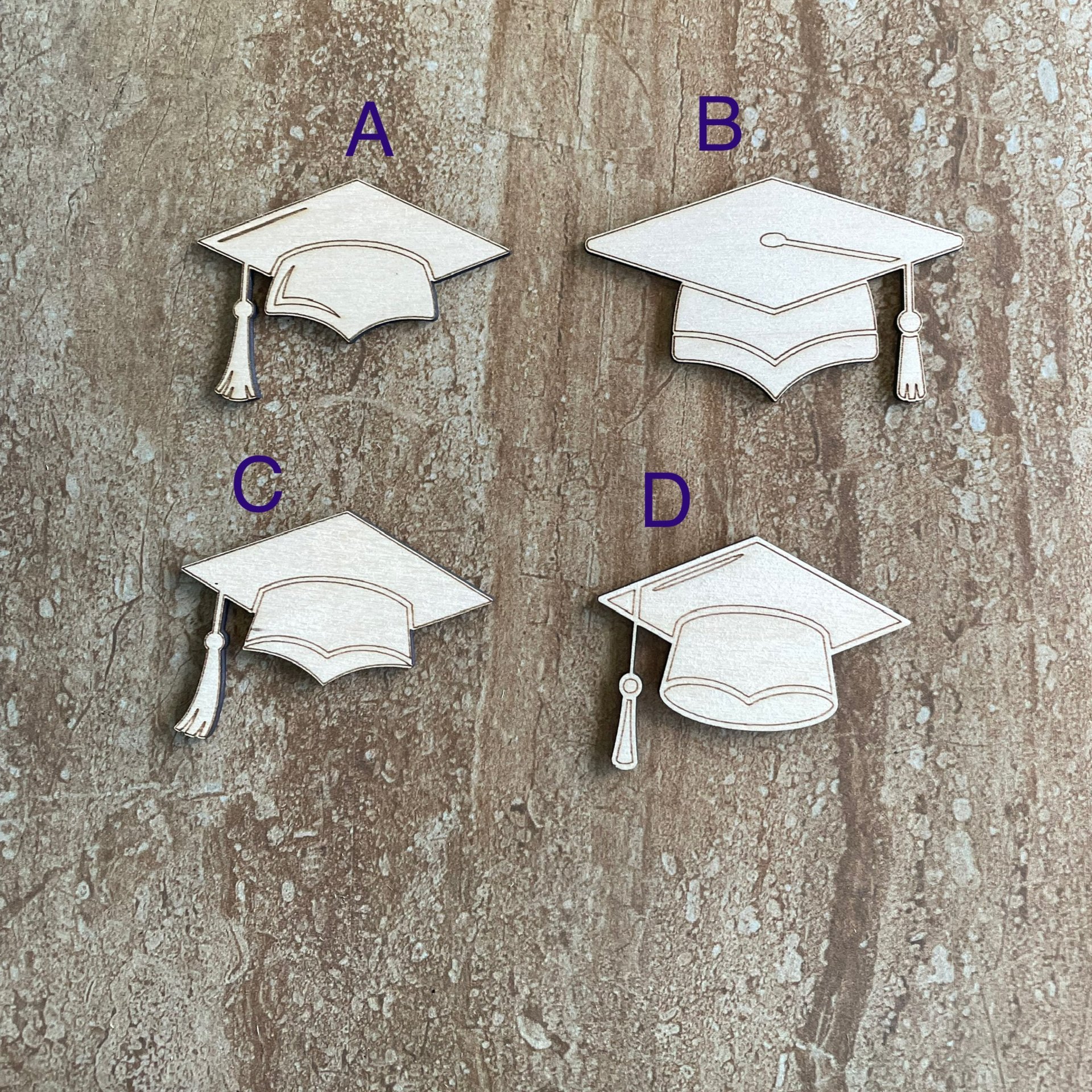 Handmade wood DIY graduation cap cutouts in four different styles
