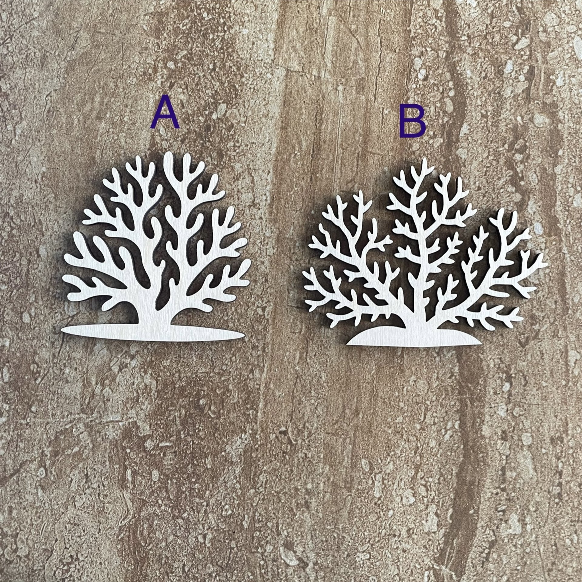 Handmade laser cut wood seaweed shapes in two different styles for DIY crafts