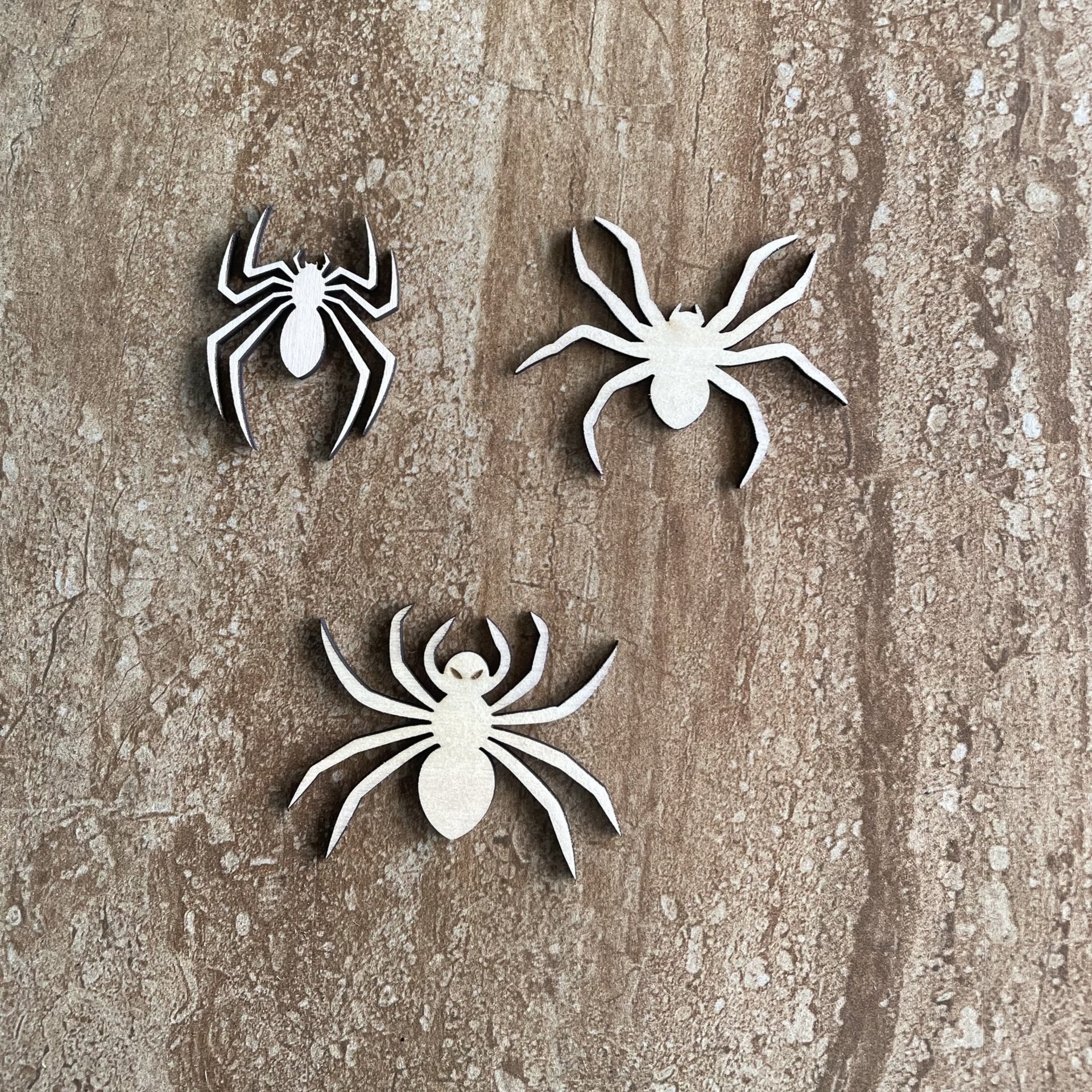 Handmade laser cut wood Halloween spider shapes in three different styles for DIY crafts