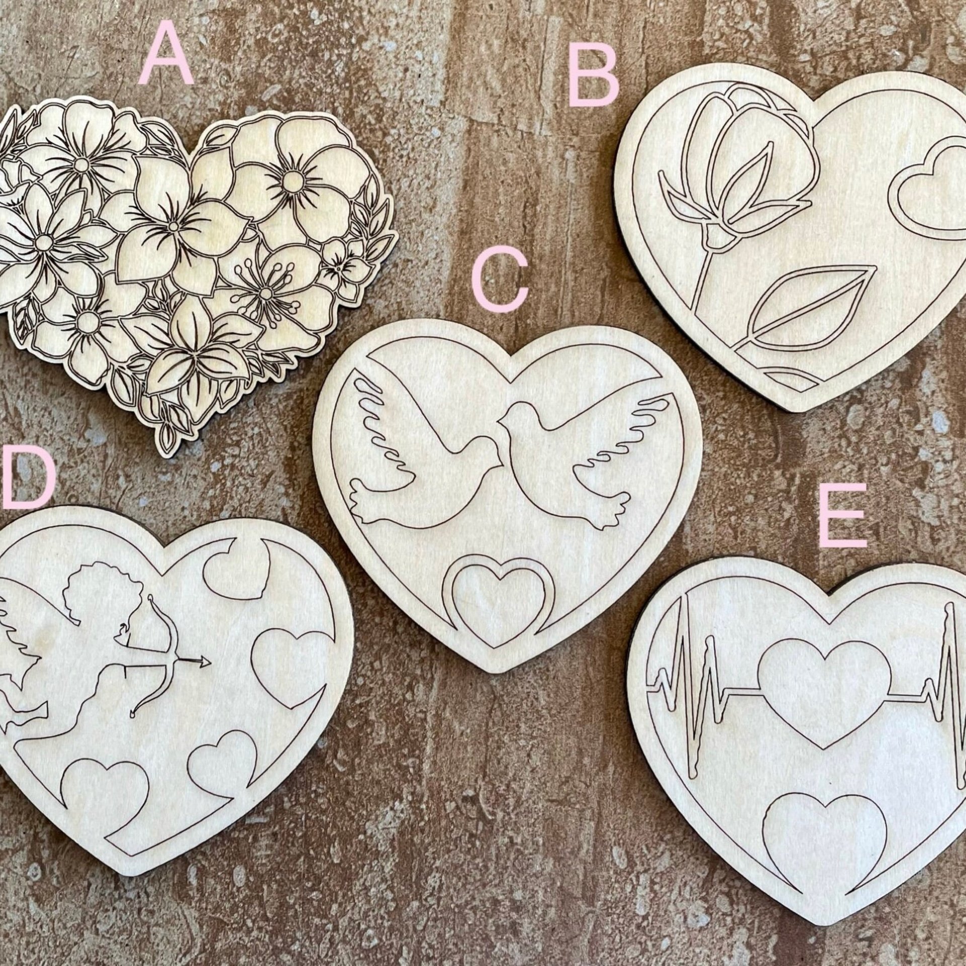 Handmade wooden DIY Valentine heart cutout in five unique styles, ready for paint or decorating