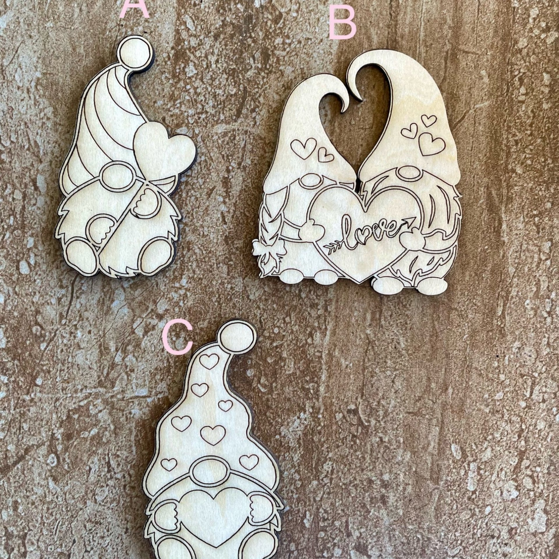 Handmade wooden DIY Valentine gnome cutout in three unique styles, ready for paint or decorating