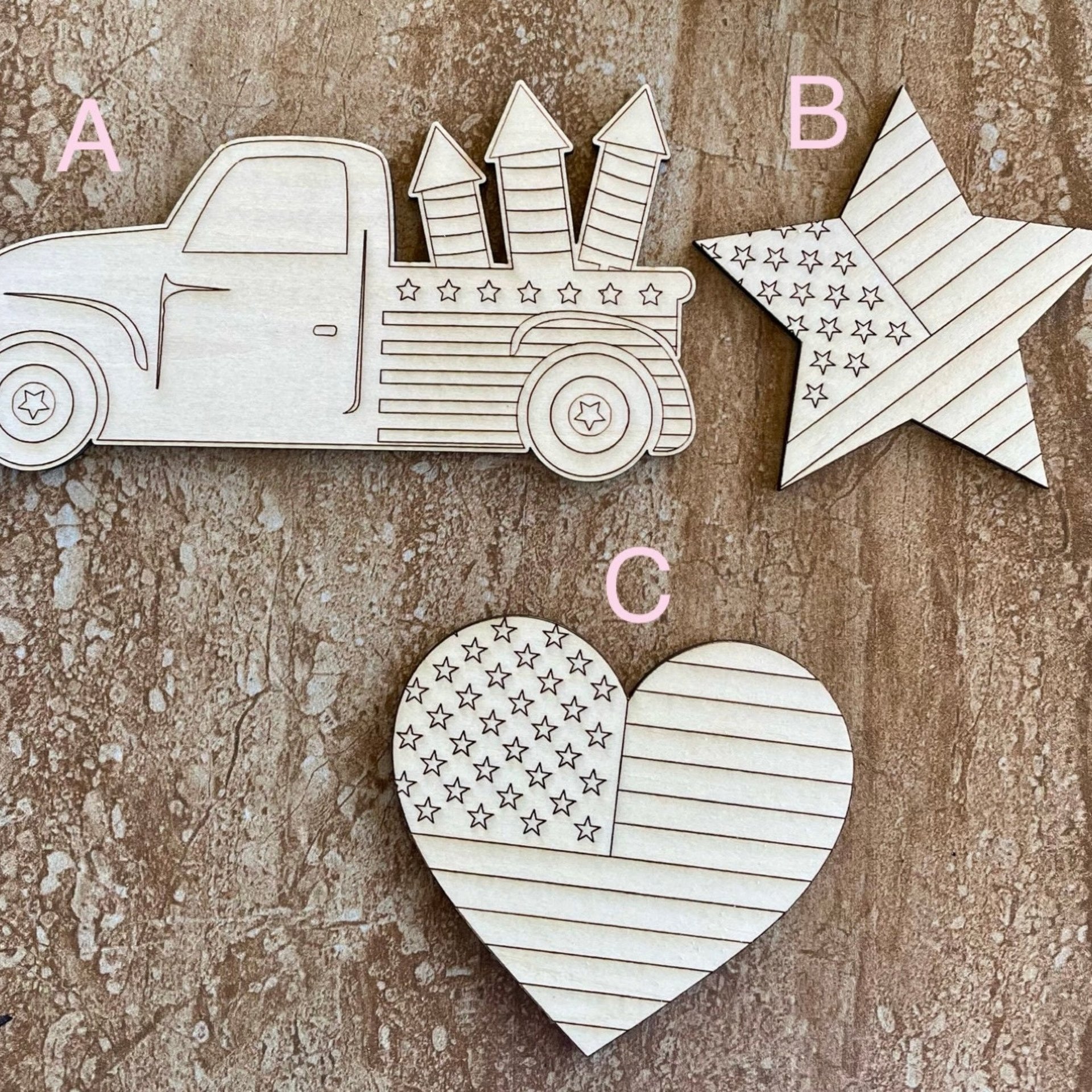 Handmade wooden DIY 4th of July truck, star or heart cutout ready for paint or decorating