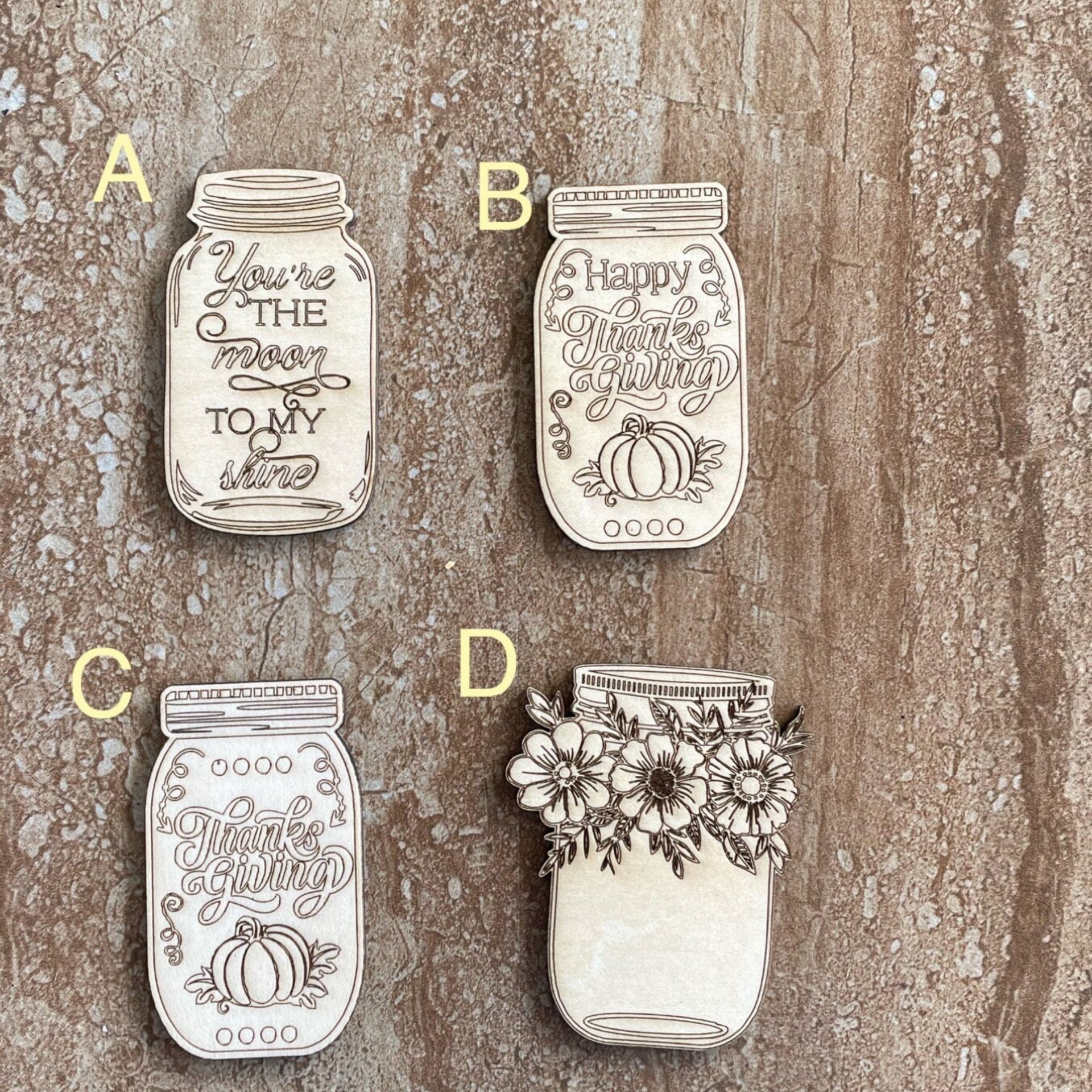 Handmade wooden DIY mason jar cutout in four unique styles, ready for paint or decorating