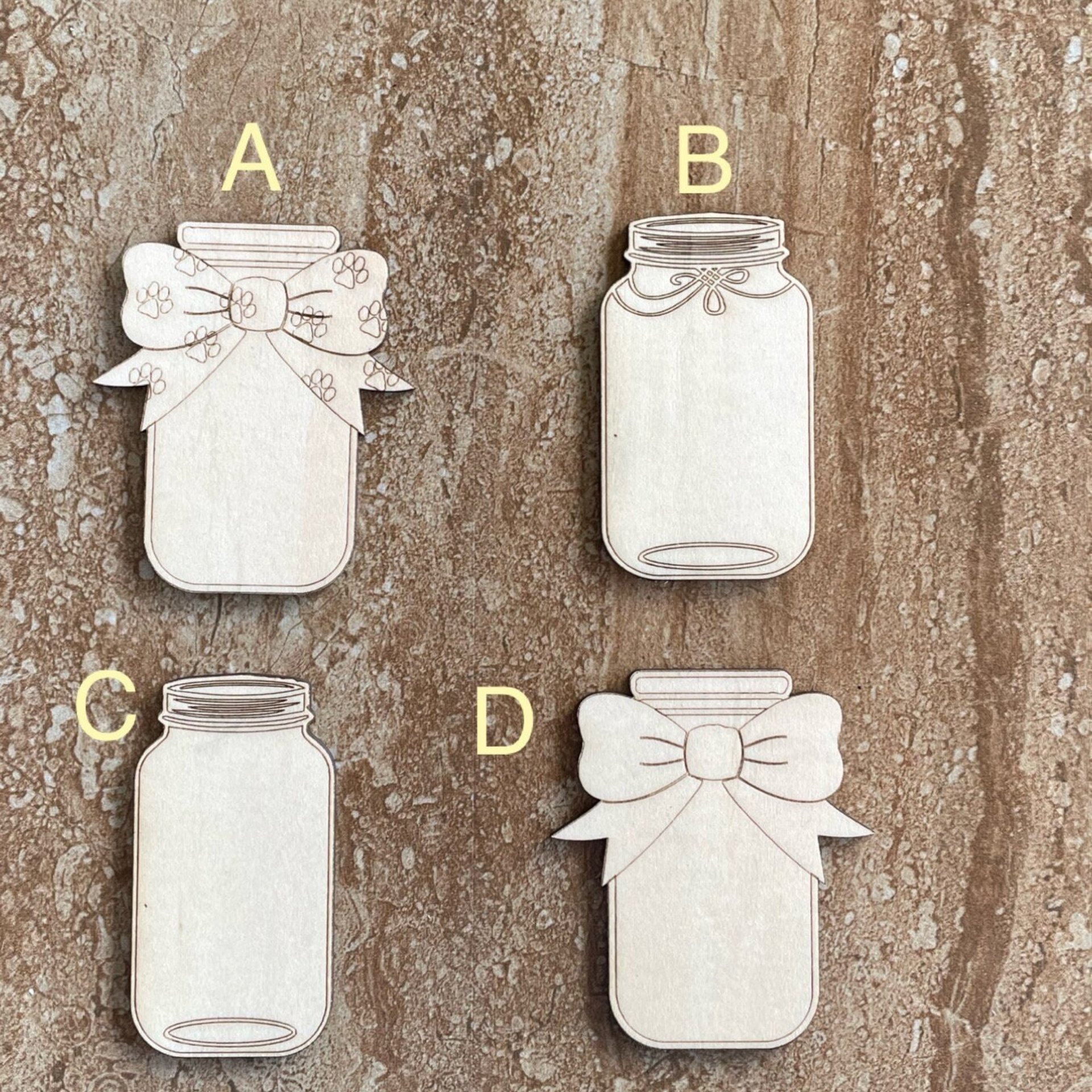 Handmade wooden DIY mason jar cutout in four unique styles, ready for paint or decorating