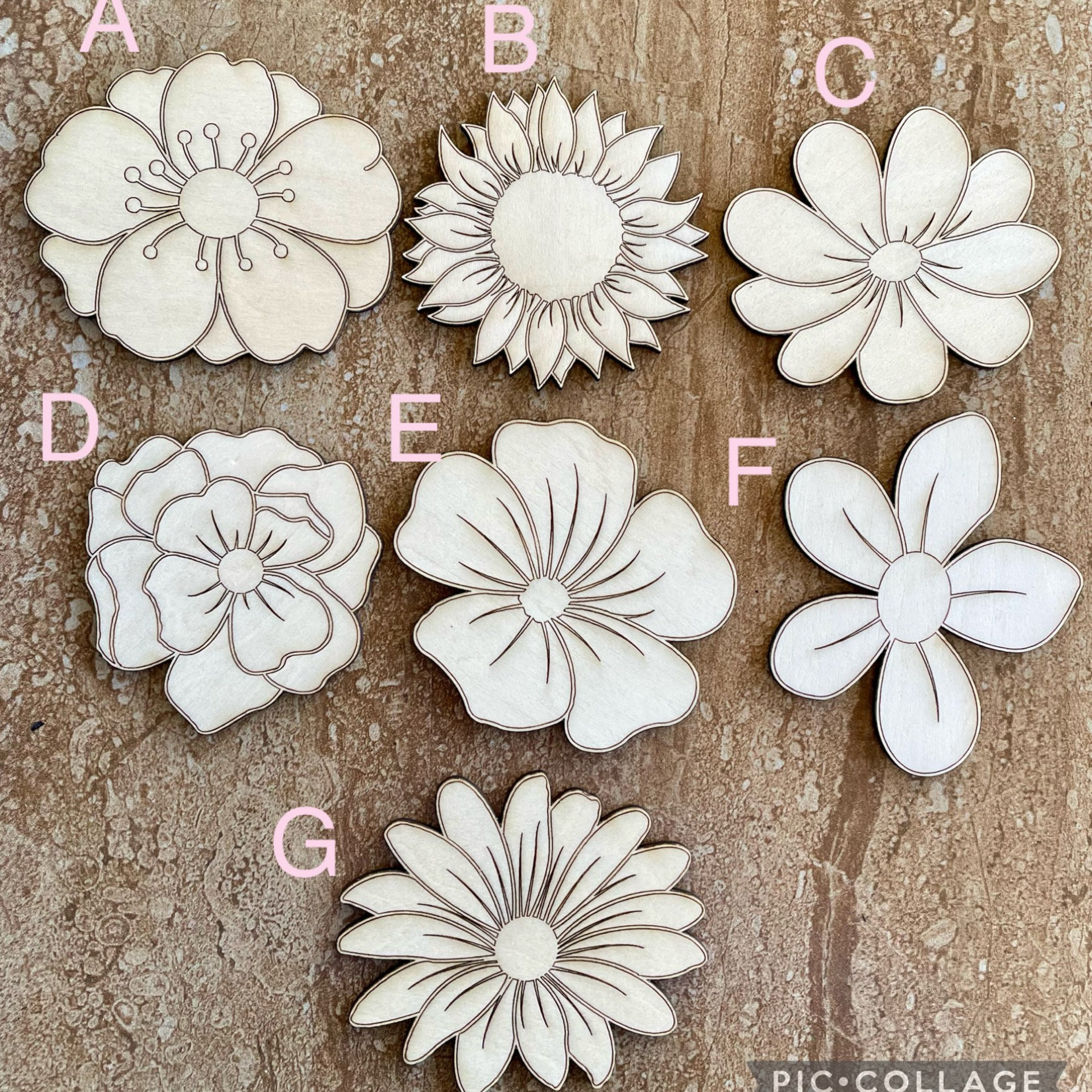 Handmade wooden DIY flower cutout in seven unique styles, ready for paint or decorating
