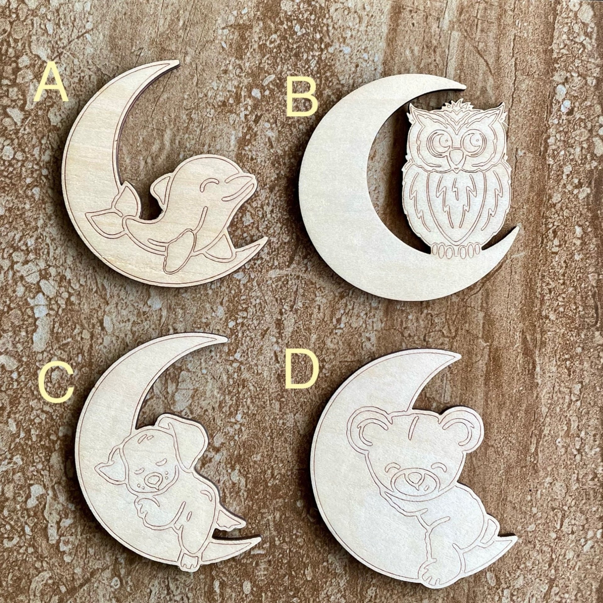 Handmade wooden DIY moon cutout in four unique styles, ready to paint or decorate