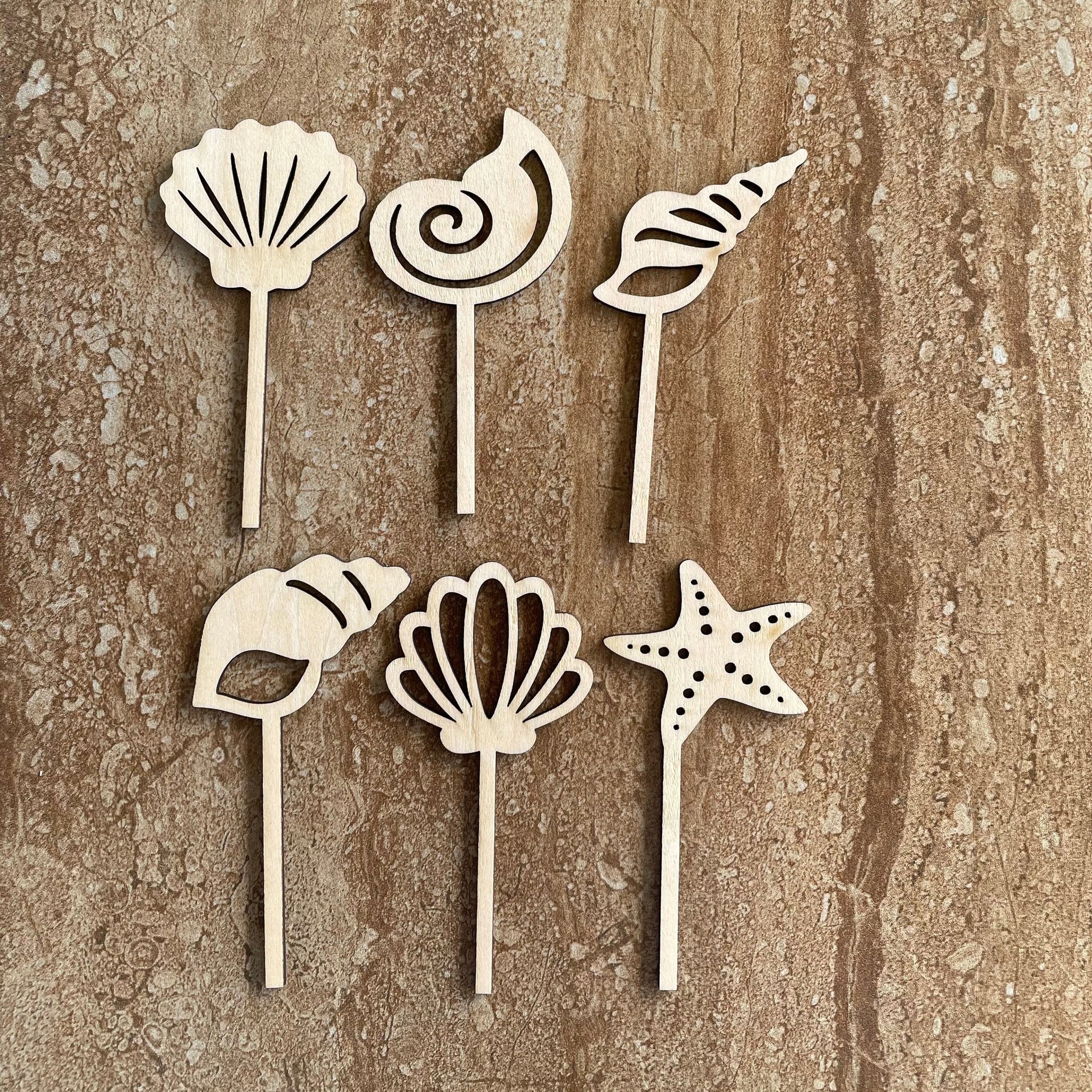 Handmade wood seashell cupcake toppers, set of 12 or 24, in coastal beach theme