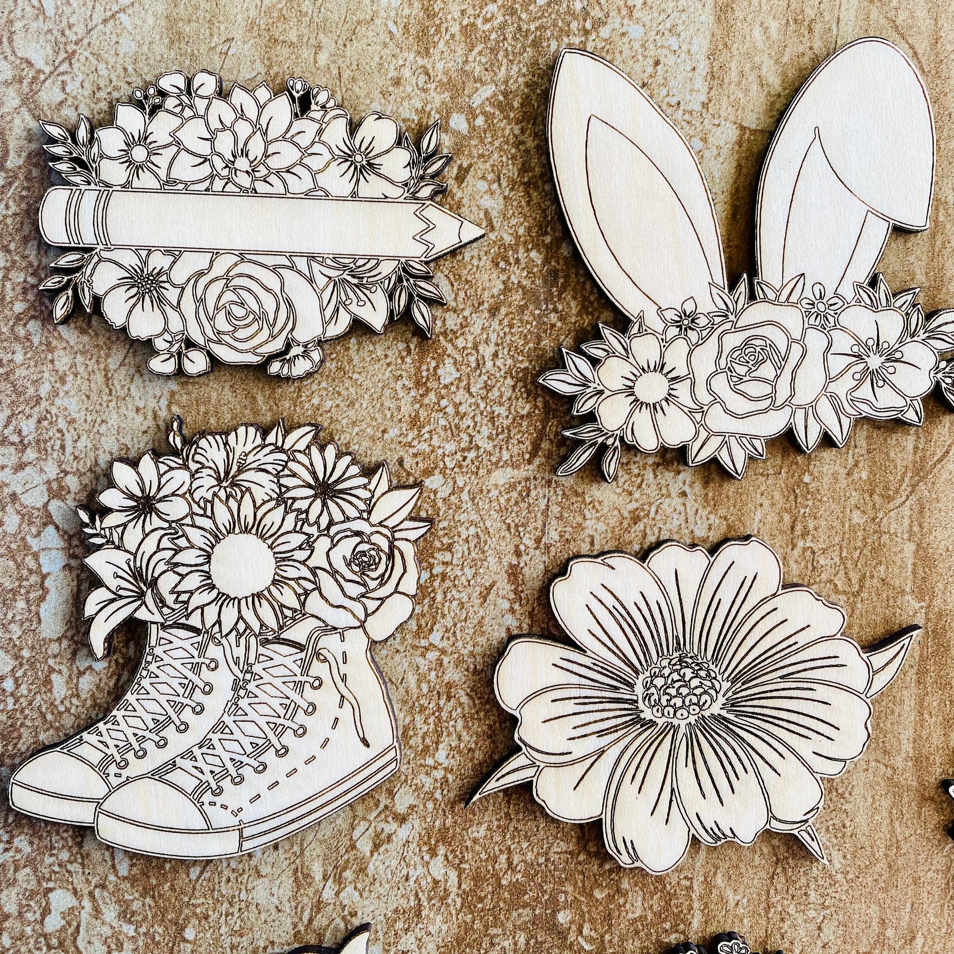 Handmade wooden DIY flower cutout in eight unique styles, ready for paint or decorating