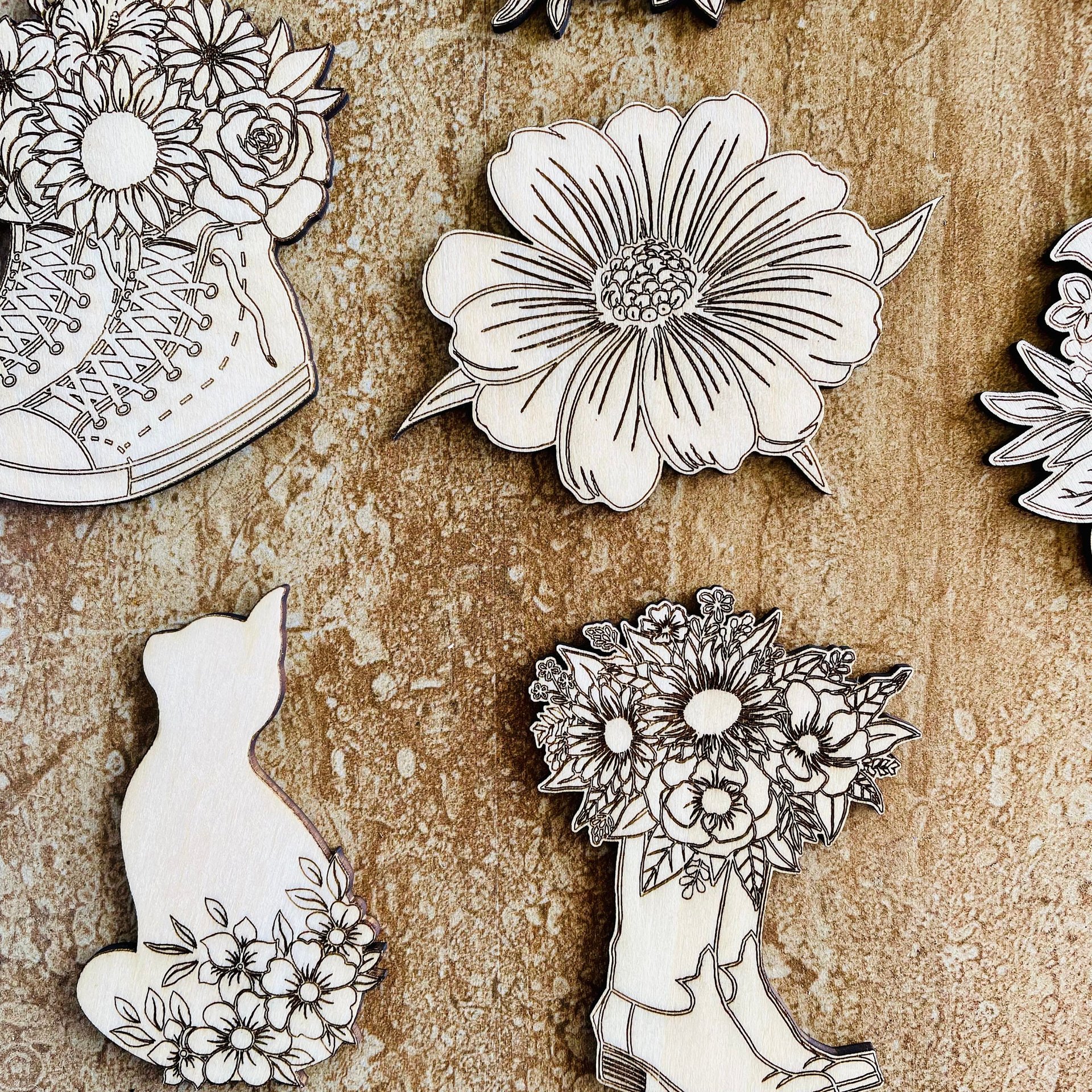 Handmade wooden DIY flower cutout in eight unique styles, ready for paint or decorating