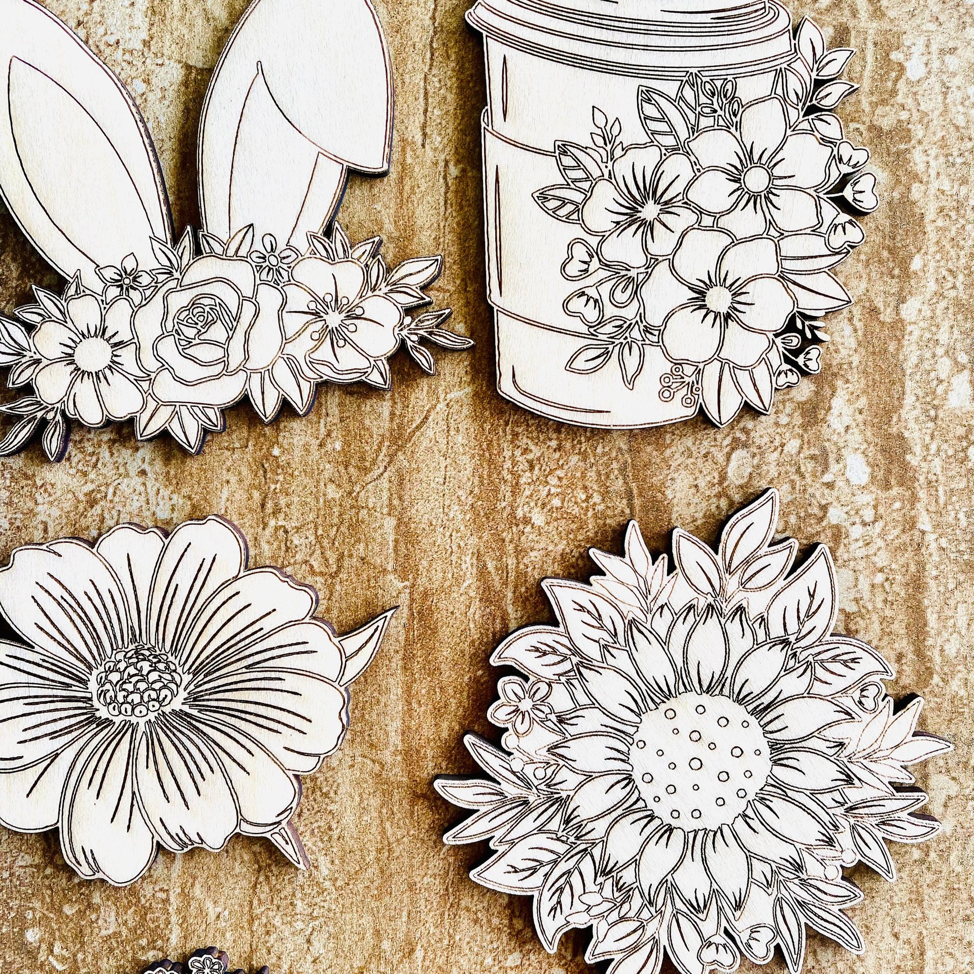 Handmade wooden DIY flower cutout in eight unique styles, ready for paint or decorating