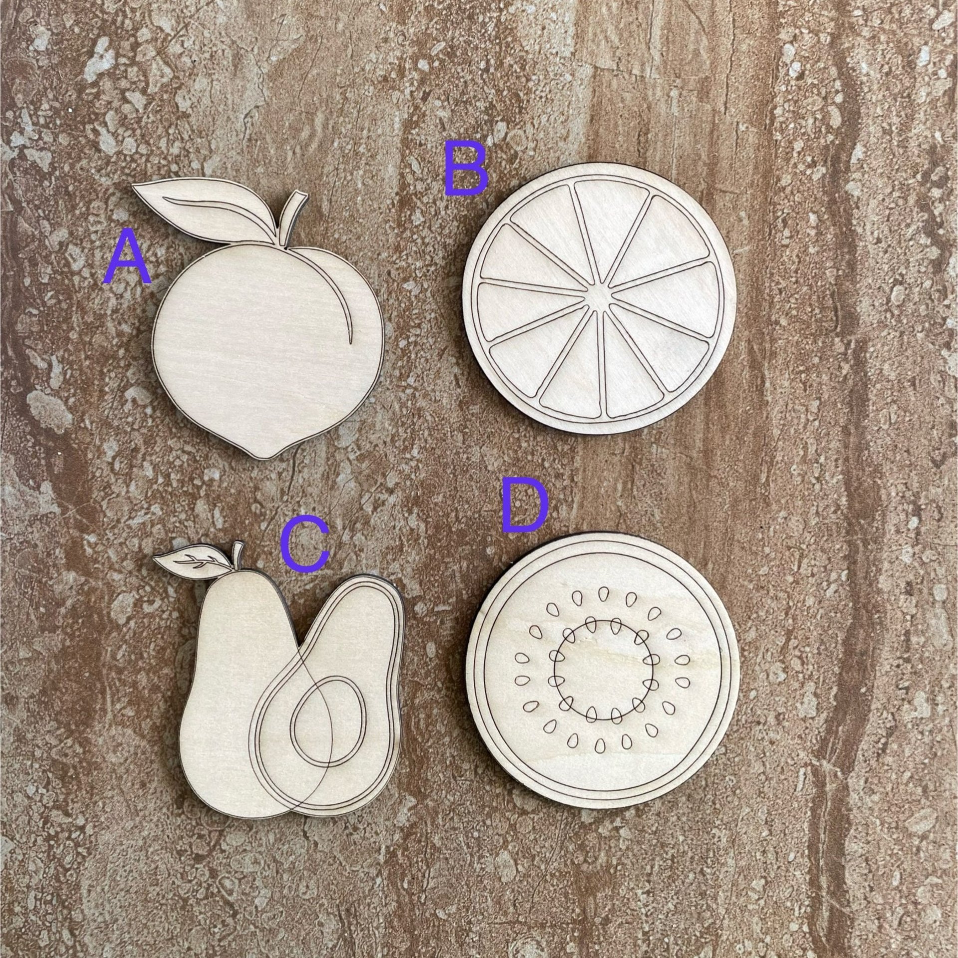 Handmade wooden DIY fruit cutout in four unique styles, ready for paint or decorating