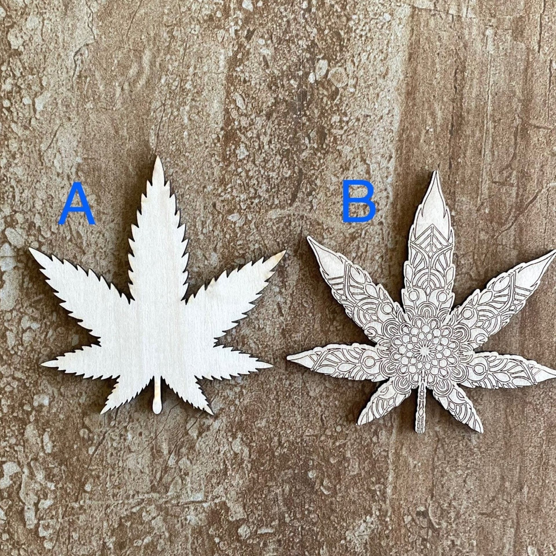 Handmade wooden DIY marijuana leaf cutout in two unique styles, ready for paint or decorating