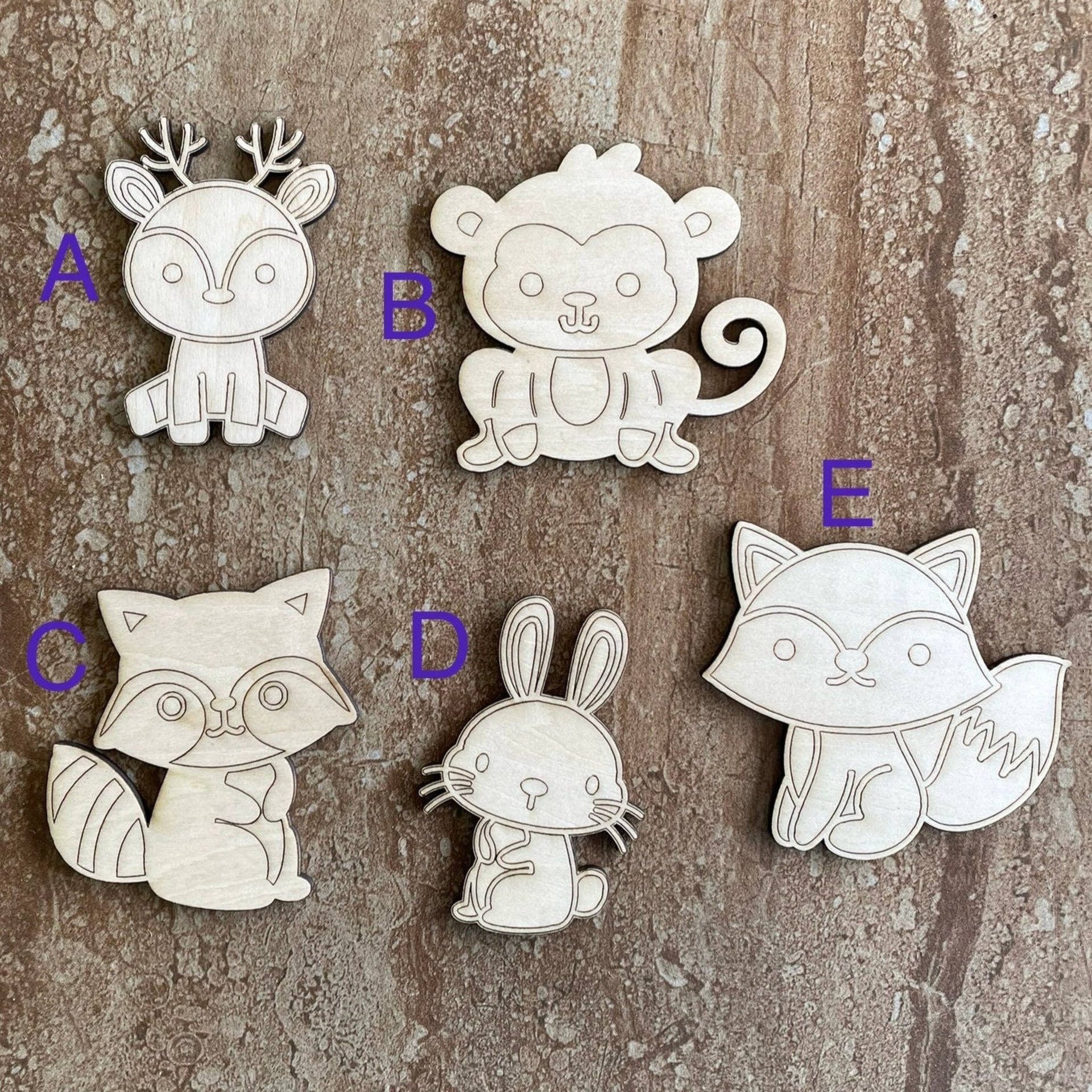 Handmade wooden DIY woodland animal cutout in five unique styles, ready to paint or decorate