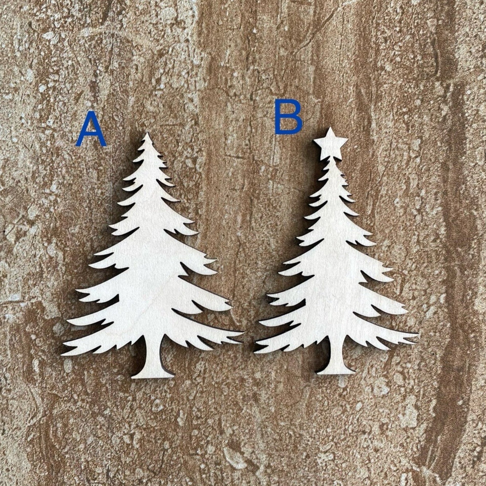 Handmade wooden DIY Christmas tree cutout in two unique styles, ready for paint or decorating
