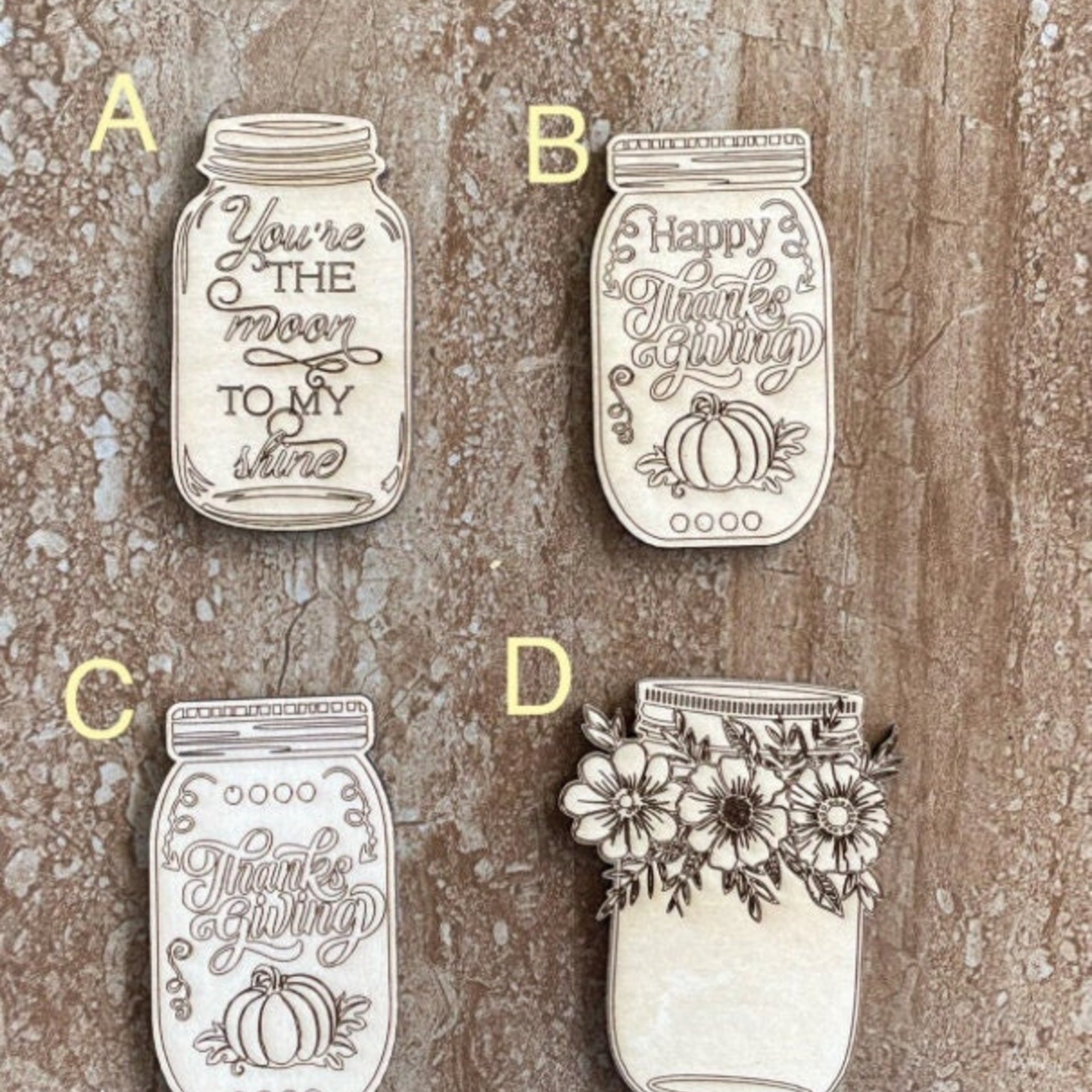 Handmade wooden DIY mason jar cutout in four unique styles, ready for paint or decorating