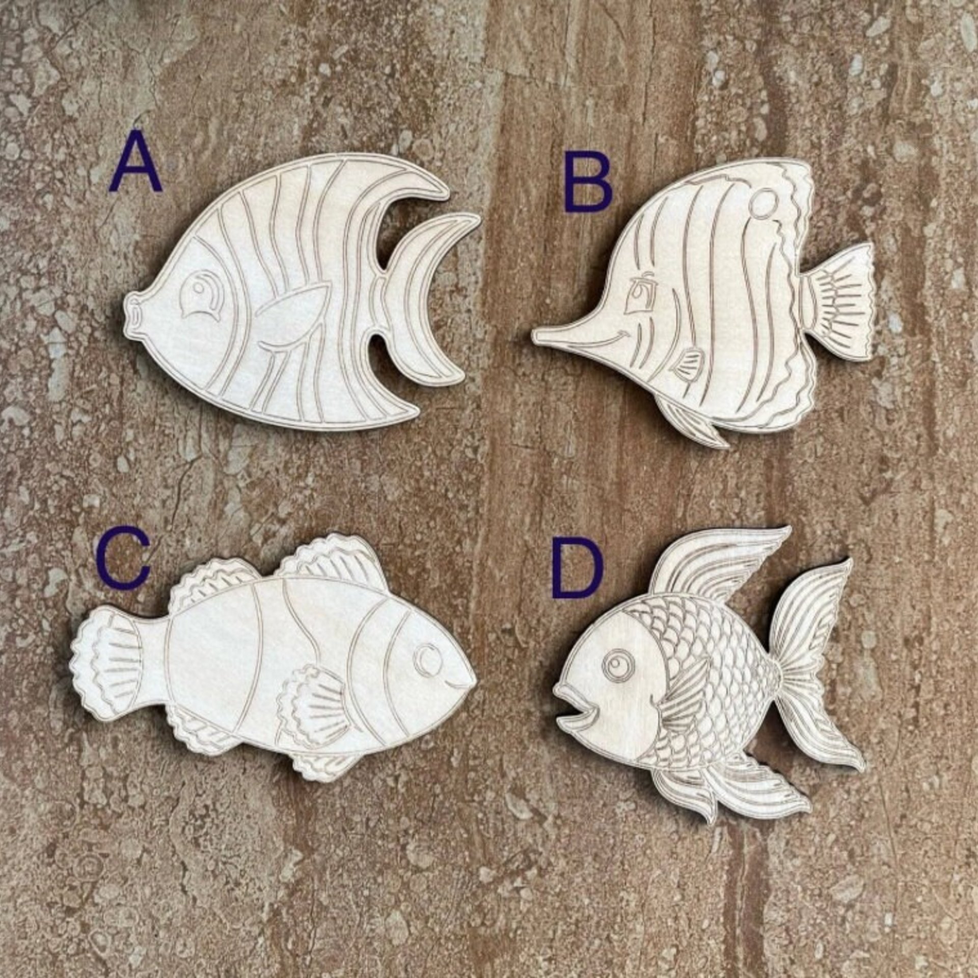 Handmade wooden DIY tropical fish cutout in four unique styles, ready for paint or decorating