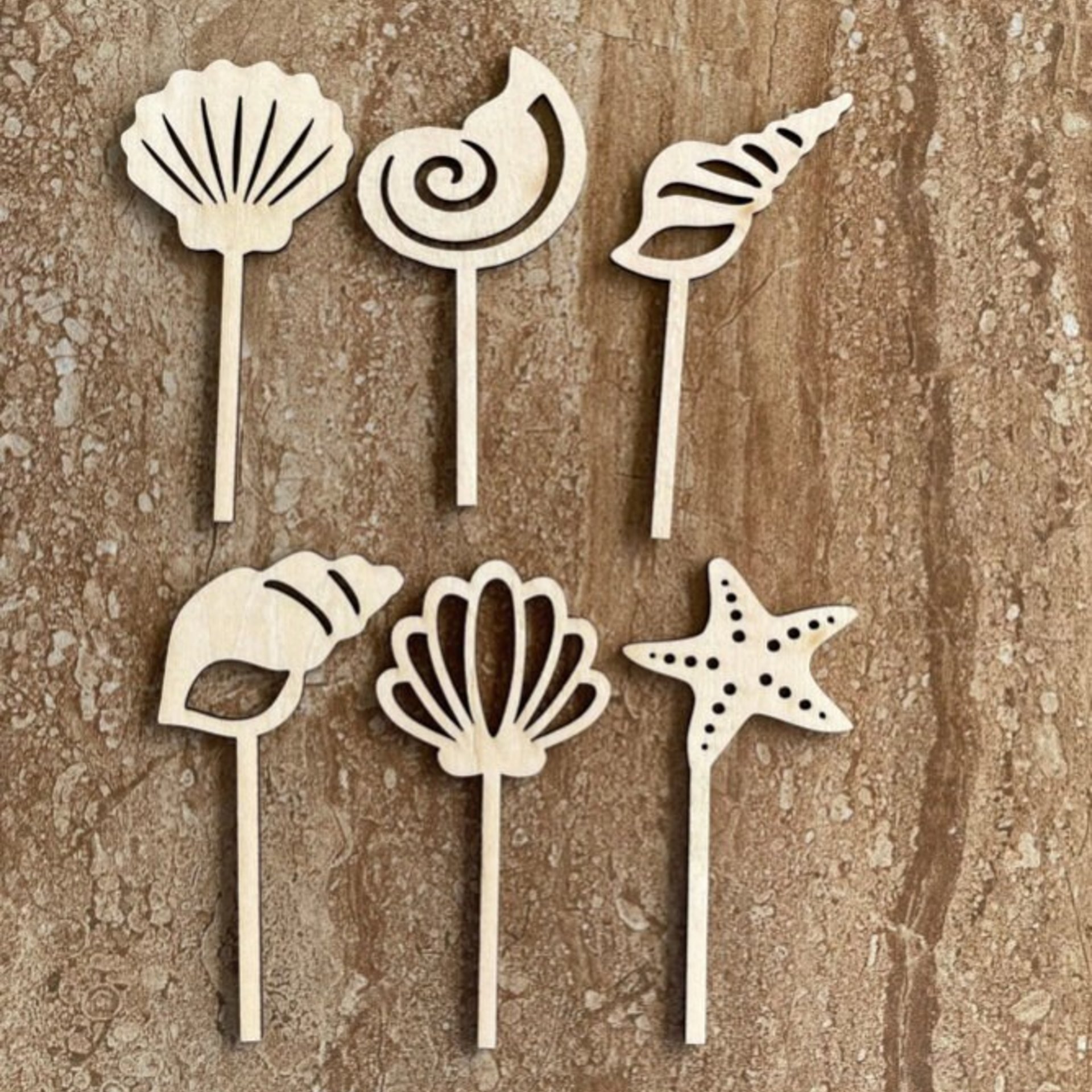 Handmade wood seashell cupcake toppers, set of 12 or 24, in coastal beach theme