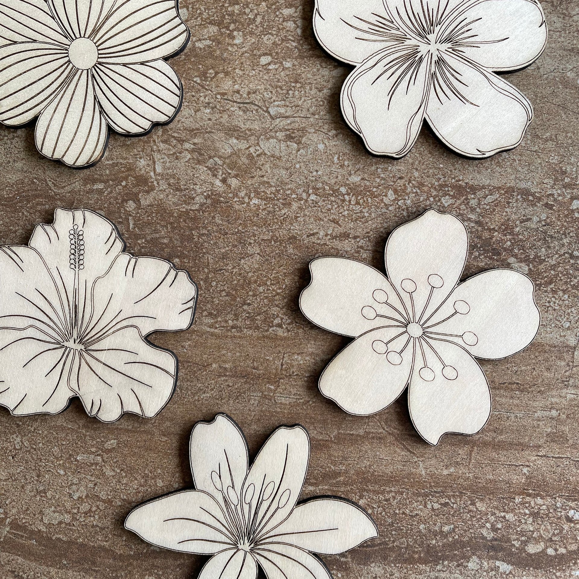 Handmade wooden DIY tropical flower cutouts in five unique styles, ready for paint or decorating