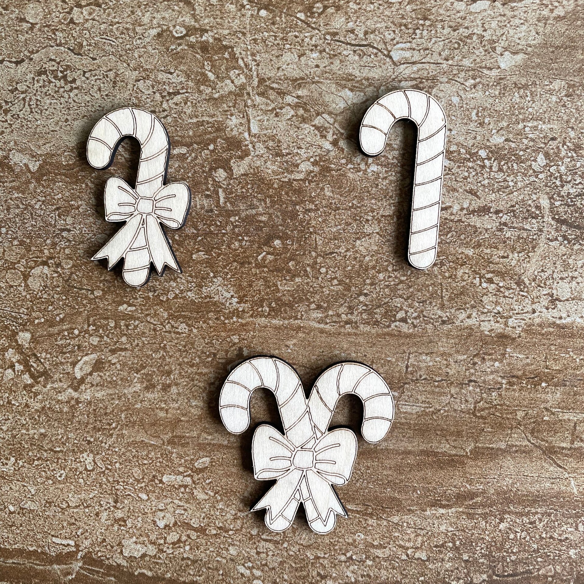Handmade wooden DIY Candy cane cutout in three unique styles, ready for paint or decorating