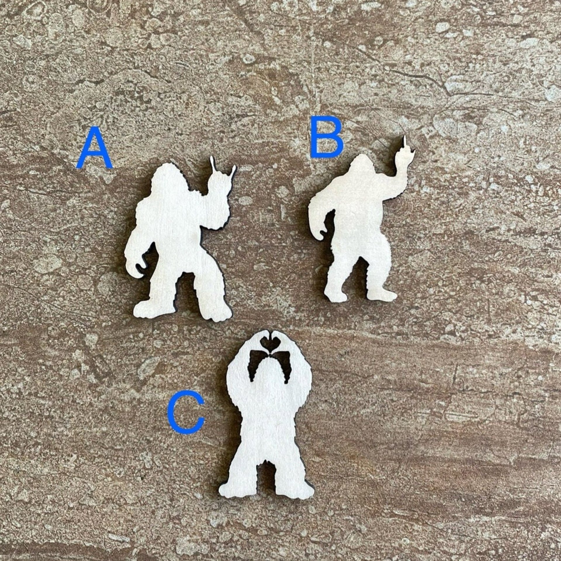 Handmade wooden DIY bigfoot cutout in three unique styles, ready to paint or decorate