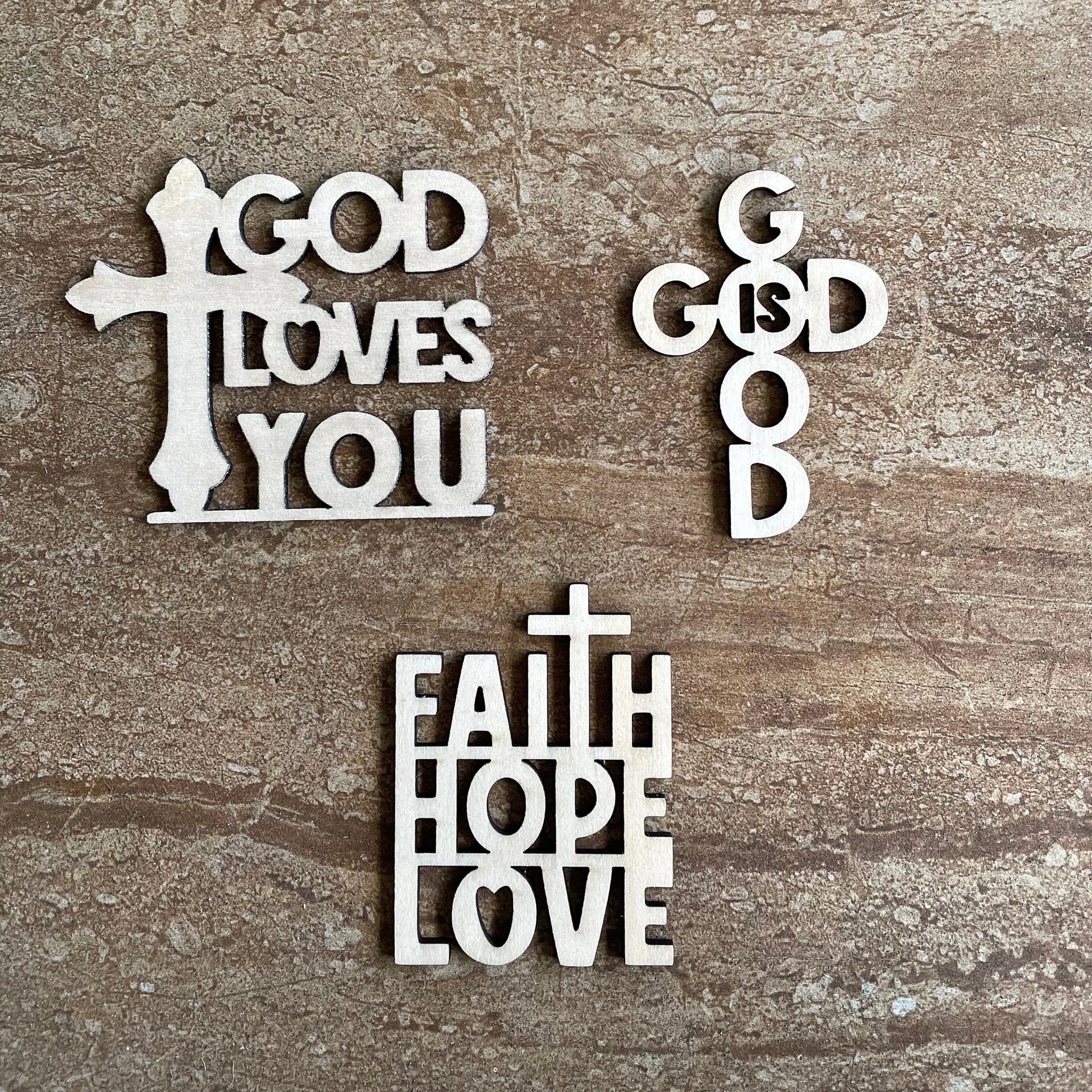 Handmade wooden DIY bible verse cutout in three unique styles, ready for paint or decorating