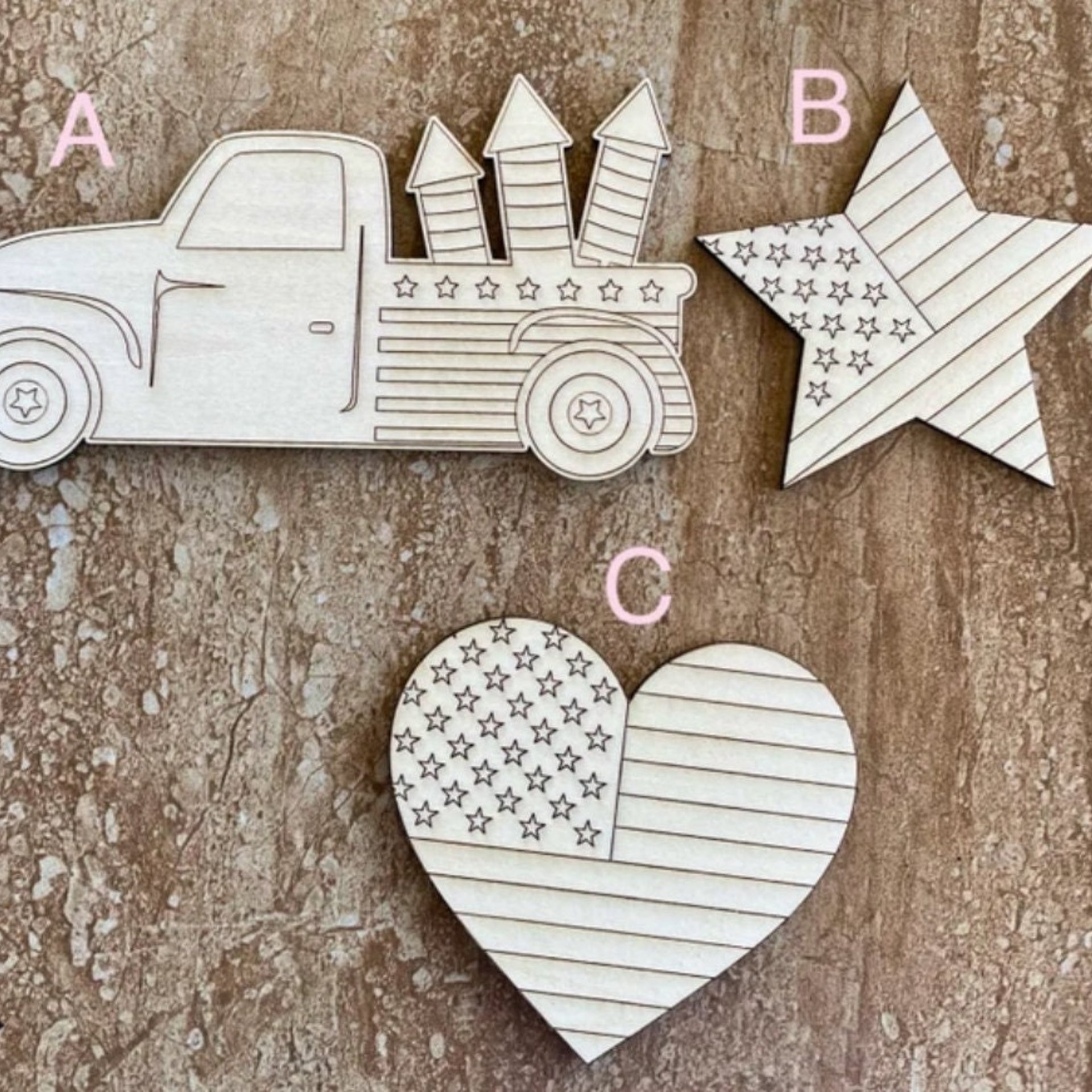 Handmade wooden DIY 4th of July truck, star or heart cutout ready for paint or decorating