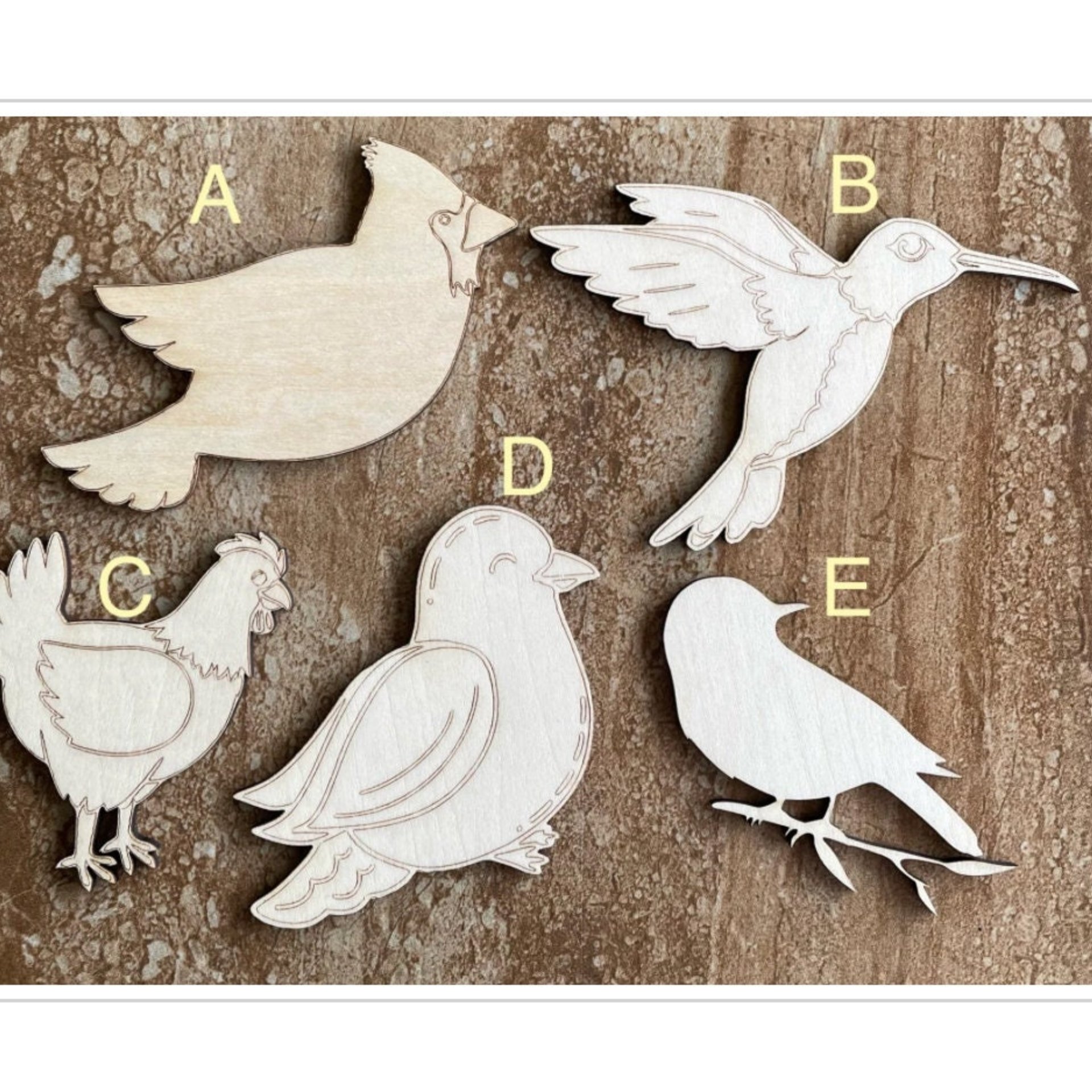 Handmade wooden DIY bird cutout in five unique styles, ready to paint or decorate