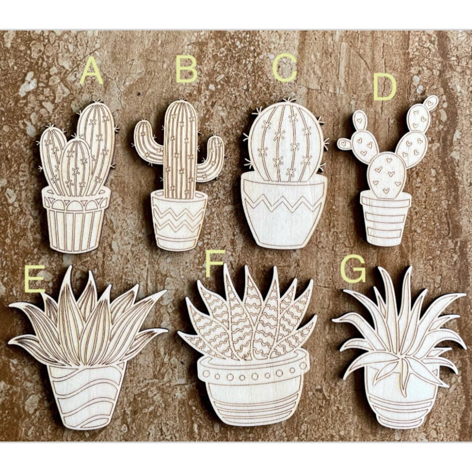 Handmade wooden DIY cactus cutout in seven unique styles, ready for paint or decorating